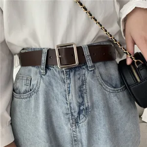Classic brown leather belt featuring a sleek silver square buckle for daily casual outfits.