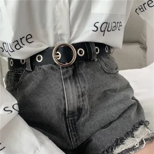 Cinturón de mujer casual de cuero PU con hebilla redonda de metal y ojetes, estilo elegante.