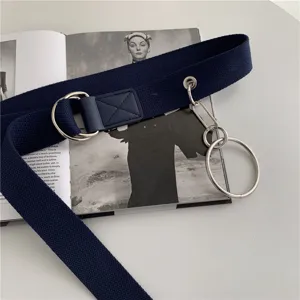 Dark blue canvas belt with metal double D-rings and hanging ring for women cargo pants.