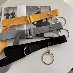 Canvas belt with double rings, trendy streetwear waist belt for women and men, casual design.