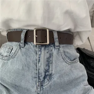 Korean style minimalist leather belt with square metal buckle for men and women daily wear.