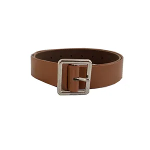 Stylish brown leather belt with silver square buckle for men and women fashion wear.