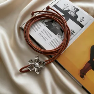 Women soft leather cord belt with silver flower pearl buckle fashion dress coat waist belt