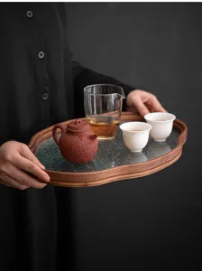 Retro Begonie Glas Bambus Teetablett Set, elegante Haushalts Aufbewahrung fuer Tassen.