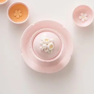 Pink ceramic gaiwan tea set cup tray handcrafted flower design elegant tabletop home kitchen use