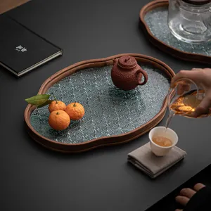 Retro Begonie Glas Bambus Teetablett fuer Zuhause, elegante Obst und Dessert Aufbewahrung.