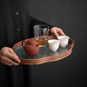 Retro Begonia Glas Tee Tablett Holz Serviertisch fuer Haushalts Trockenbrauen Teetasse