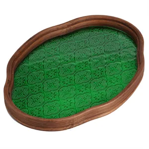 Retro Begonien Glas Holztablett fuer Teetassen Aufbewahrung und Obst Deko zu Hause.