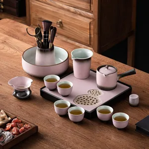 Keramik Kung Fu Teeservice mit Teekanne Tassen und Bambus Tablett für Büro und Zuhause
