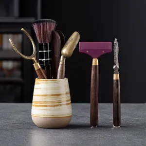 Traditional Kung Fu Tea Ceremony Six Gentlemen Set Ceramic Tea Tool Storage Tube Wood Metal Tea Clip Scraper Knife Brush Set