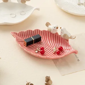 Pink ceramic leaf jewelry tray with cute little birds, perfect desktop storage and decor.