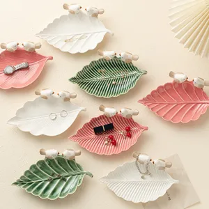 Ceramic leaf jewelry dish cute bird ring storage tray and creative photography prop