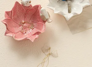 Ceramic lotus leaf jewelry tray with cute bird decor for desktop key and ring storage