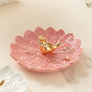 Keramik Vogel Schmuckschale rosa Blatt Ablageschale süßer Ringhalter Deko Foto Requisite