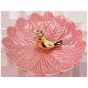 Rosa Keramik Blatt Schmuckschale mit goldener Vogel Figur Schreibtisch Organizer Ablage