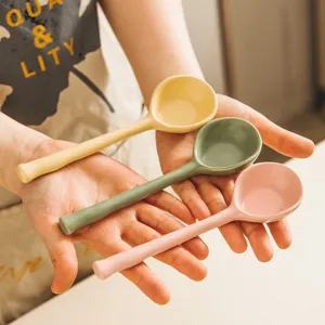 Cuchara de Sopa de Cerámica Japonesa de Mango Largo Estilo Retro de Cerámica Tosca Cuchara de Postre para Hogar Cocina