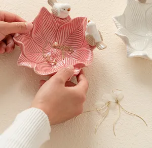 Ceramic jewelry tray cute bird trinket dish desktop storage plate leaf shape decorative key holder