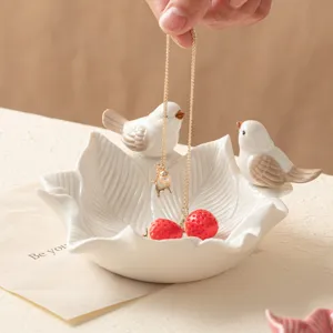 Cute ceramic leaf jewelry tray with little birds, perfect desktop organizer and decor.