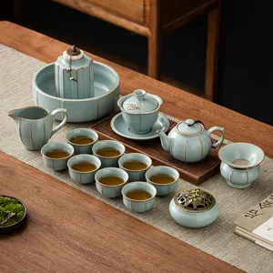 Service à Thé Kung Fu en Porcelaine Céladon Ru Kiln Avec Théière Gaiwan Tasses Boîte Cadeau pour Maison Bureau Cérémonie Thé