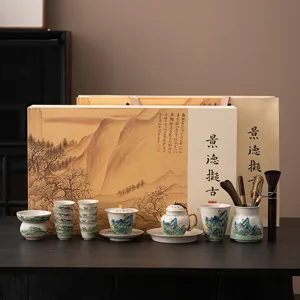 Chinesisches Retro-Kung-Fu-Tee-Set aus Keramik mit Teekanne, Gaiwan, Tassen und Geschenkbox.