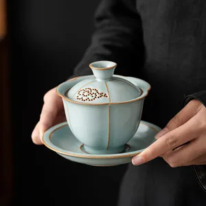 Ensemble de thé Gaiwan céladon de four Ru chinois traditionnel avec soucoupe pour thé