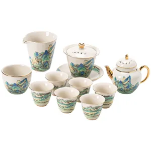 Chinesisches Vintage Kung Fu Tee-Set mit Landschaftsmalerei, luxuriöse Keramik-Gaiwan Teekanne.