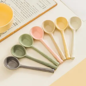 Cucharas pequeñas de cerámica estilo japonés mango largo sopa vajilla de cocina colorida