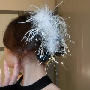 French fairy silver tinsel feather hair claw clip, elegant back head hair styling accessory.