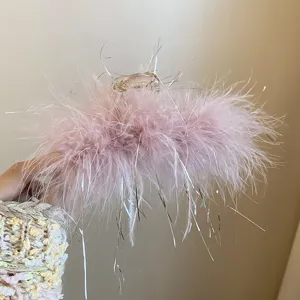 French chic fluffy feather hair claw clip with silver tinsel for elegant hairstyles