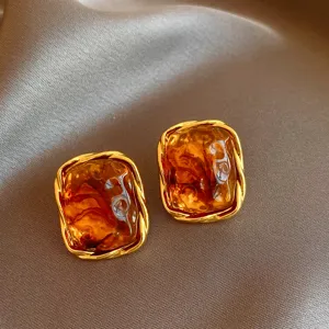 Amber brown square resin earrings with gold metallic texture frame retro style stud earrings