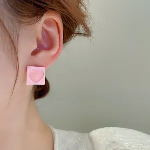 Pink square heart stud earrings for women, sweet cute daily wear jewelry, elegant accessory.