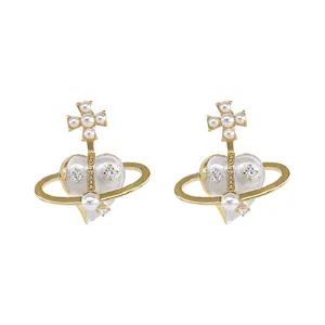 Gold heart orb pearl stud earrings with sparkling crystals and cross top for women fashion jewelry.