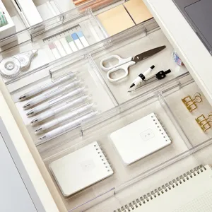 Clear plastic drawer organizer box for desktop stationery makeup cutlery storage divider tray grid