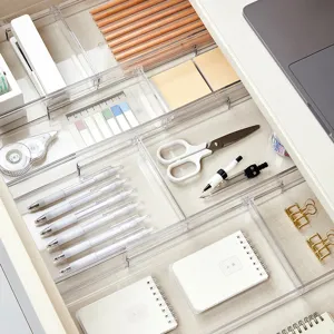Clear acrylic drawer organizer tray, multi-compartment desktop storage box for neat organization.
