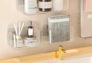 Transparent wall-mounted bathroom storage rack, punch-free cosmetic organizer and shower shelf.