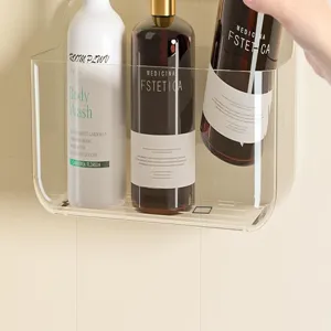 Clear acrylic bathroom wall shelf, punch-free cosmetic organizer with drainage holes for daily use.