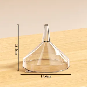 Detailed view of clear plastic funnel showing dimension height and bottom diameter for easy use.