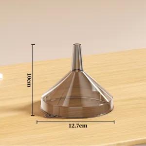 Transparent plastic funnel detail view, mini size with dimension marks for liquid dispensing.