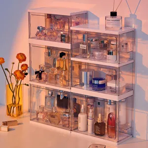 Scatola Portaoggetti Cosmetica in PET Trasparente Espositore per Profumo da Scrivania Antipolvere Organizer Impilabile Multistrato