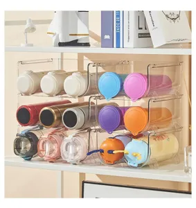 Clear stackable water bottle organizer multi-tier cup storage rack for kitchen and home use
