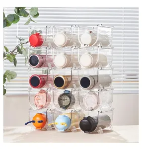 Stackable clear plastic water bottle organizer multi-layer tumbler storage holder for kitchen desktop.