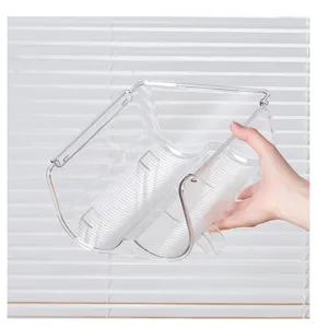 Clear stackable water cup organizer rack detail view, transparent plastic storage holder.