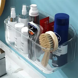 Transparent wall-mounted bathroom storage rack for cosmetics and toiletries organizer.