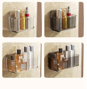 Wall-mounted bathroom storage shelf punch-free cosmetic organizer transparent rack 4-grid detail