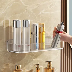 Transparent acrylic bathroom wall mounted shelf, punch free organizer for cosmetics and toiletries.
