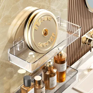Acrylic bathroom wall-mounted storage shelf, punch-free organizer rack for cosmetics and toiletries.