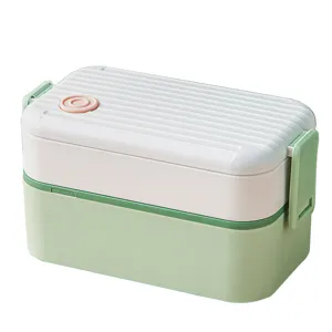 Double layer lunch box bento container with secure locks and valve green white main view