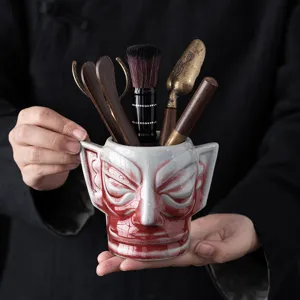Vintage Keramik Kung Fu Teazeremonie Set Sanxingdui Maskenrelief Krakelee Glasur Teeutensilien Zubehör Halter Für Zuhause Deko Geschenk