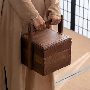 Walnussholz mehrstöckige Teebox tragbarer Korb chinesischer Stil Holz Handheld Lebensmittelbehälter