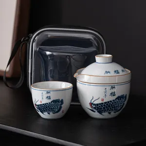 Tragbares Keramik-Reise-Tee-Set mit Kanne und Tassen, ideal für chinesischen Tee und Camping.